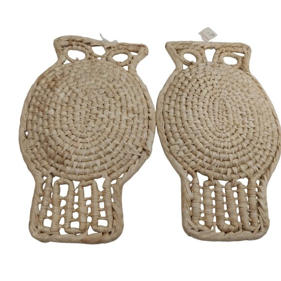 Set Of 2 Handwoven Straw Owl Baskets Wall Hanging Trivets Rustic Bohio Chic - Picture 2 of 7
